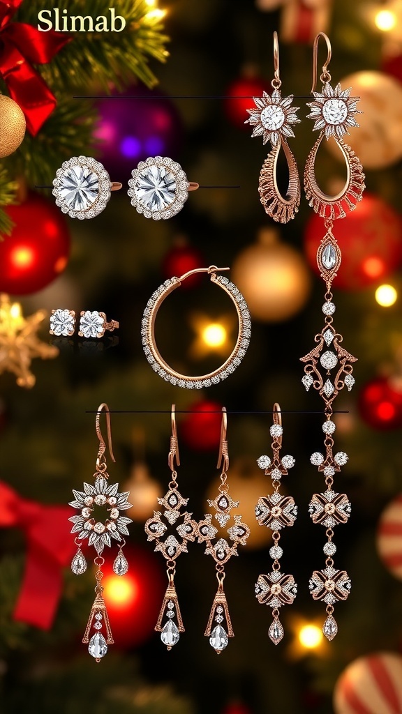 A variety of earrings including studs, hoops, and chandeliers on a festive background with holiday decorations.